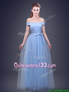 Eye-catching Off the Shoulder Floor Length Light Blue Dama Dress for Quinceanera Tulle Sleeveless Spring and Summer and Fall and Winter Ruching and Bowknot
