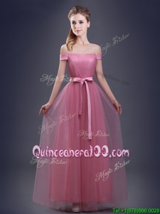 Latest Off the Shoulder Sleeveless Tulle Floor Length Lace Up Vestidos de Damas inRed forSpring and Summer and Fall and Winter withRuching and Bowknot