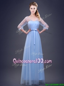 Ideal Light Blue V-neck Neckline Ruching and Bowknot Quinceanera Court of Honor Dress Half Sleeves Lace Up