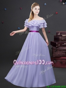 Delicate Off the Shoulder Lavender Zipper Quinceanera Dama Dress Ruffled Layers and Belt Short Sleeves Floor Length