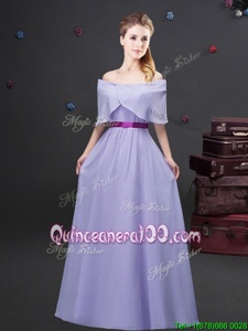 Off The Shoulder Half Sleeves Zipper Dama Dress for Quinceanera Lavender Chiffon