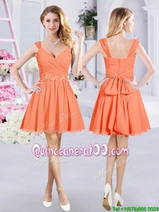 Sleeveless Chiffon Mini Length Zipper Quinceanera Court of Honor Dress inOrange forSpring and Summer and Fall withRuching and Belt