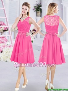 Vintage Hot Pink Chiffon Side Zipper V-neck Sleeveless Knee Length Quinceanera Court Dresses Lace and Ruching