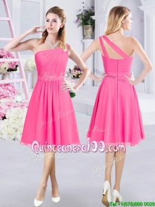 Hot Pink Zipper One Shoulder Ruching Damas Dress Chiffon Sleeveless