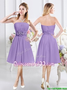Beauteous Knee Length Lavender Dama Dress for Quinceanera Chiffon Sleeveless Spring and Summer and Fall Ruching and Hand Made Flower