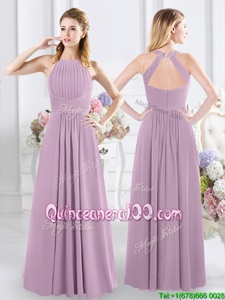 Delicate Lavender Halter Top Neckline Ruching Dama Dress for Quinceanera Sleeveless Zipper
