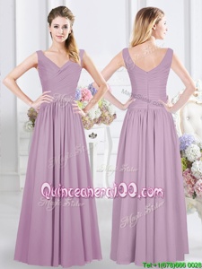 High End Lavender Zipper Quinceanera Dama Dress Ruching Sleeveless Floor Length