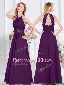 Customized Halter Top Sleeveless Floor Length Ruching Zipper Quinceanera Dama Dress with Purple