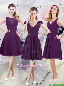 High End Ruching Damas Dress Purple Zipper Cap Sleeves Knee Length