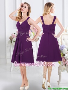Deluxe Purple Chiffon Zipper Dama Dress Sleeveless Knee Length Ruching