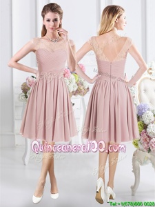 Fashionable Scoop Lace and Ruching Quinceanera Court Dresses Pink Zipper Cap Sleeves Knee Length