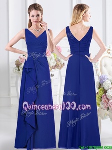 Stunning Floor Length Royal Blue Damas Dress Chiffon Sleeveless Spring and Summer and Fall and Winter Ruffles and Ruching