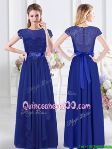 Hot Selling Scoop Short Sleeves Chiffon Floor Length Zipper Quinceanera Dama Dress inRoyal Blue forSpring and Summer and Fall and Winter withLace and Belt