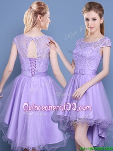 Perfect Satin and Tulle Scoop Cap Sleeves Lace Up Lace Quinceanera Dama Dress inLavender and Purple