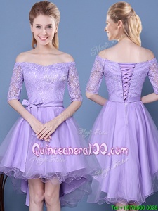 Graceful Lavender A-line Taffeta and Tulle Off The Shoulder Half Sleeves Lace and Bowknot High Low Lace Up Dama Dress for Quinceanera