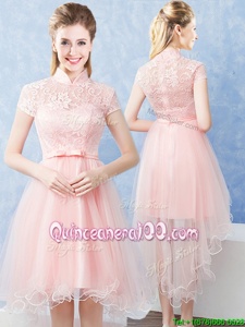 Chic Lace and Belt Quinceanera Court of Honor Dress Baby Pink Zipper Short Sleeves High Low
