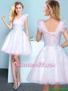 Graceful V-neck Sleeveless Tulle Dama Dress for Quinceanera Appliques Lace Up