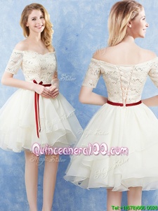 Modern A-line Dama Dress for Quinceanera Champagne Off The Shoulder Organza Short Sleeves Mini Length Lace Up
