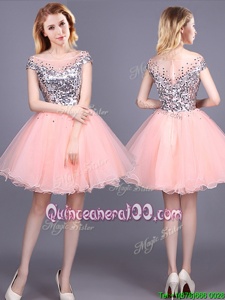 New Arrival Sequins Mini Length Pink Dama Dress for Quinceanera Bateau Short Sleeves Zipper