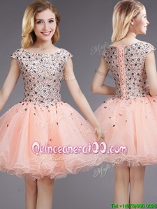 Comfortable Pink Ball Gowns Beading and Sequins Quinceanera Court of Honor Dress Lace Up Organza Cap Sleeves Mini Length