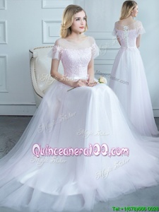 Beauteous Empire Dama Dress for Quinceanera White Scoop Tulle Short Sleeves Floor Length Lace Up