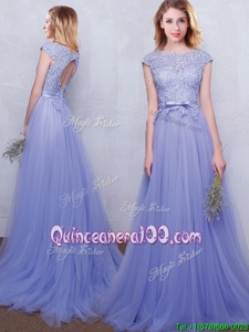 High Quality Lavender Scoop Neckline Lace and Belt Quinceanera Dama Dress Cap Sleeves Backless
