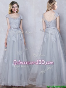 Sophisticated Grey Empire Tulle Scoop Cap Sleeves Lace and Appliques and Belt Floor Length Lace Up Quinceanera Court of Honor Dress