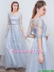 Flare Tulle Scoop Short Sleeves Lace Up Appliques and Belt Quinceanera Dama Dress inGrey
