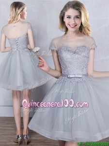 Sexy Scoop Short Sleeves Tulle Dama Dress for Quinceanera Appliques and Belt Lace Up