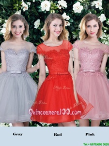 Elegant Tulle Scoop Short Sleeves Lace Up Appliques and Belt Quinceanera Court Dresses inRed and Pink and Grey