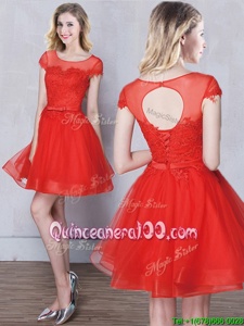 Adorable Scoop Red A-line Appliques and Belt Damas Dress Lace Up Tulle Short Sleeves Mini Length