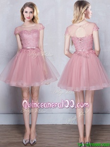 Inexpensive Scoop Pink Short Sleeves Appliques and Belt Mini Length Dama Dress