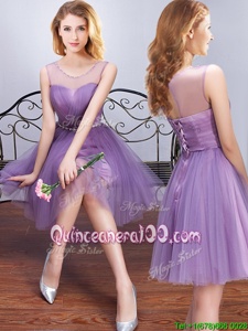 Lavender Tulle Lace Up Scoop Sleeveless Mini Length Dama Dress for Quinceanera Beading and Ruching and Belt