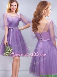 Amazing Scoop Lavender Tulle Lace Up Quinceanera Court Dresses Half Sleeves Mini Length Appliques and Ruching and Belt