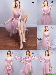 Sweet Scoop Ruffles and Ruching and Bowknot and Hand Made Flower Damas Dress Pink Lace Up Sleeveless Mini Length