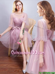 Inexpensive Scoop Pink Half Sleeves Mini Length Ruching and Bowknot Lace Up Vestidos de Damas