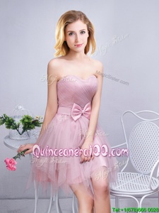 Pink A-line Tulle Sweetheart Sleeveless Ruching and Bowknot Mini Length Lace Up Quinceanera Dama Dress