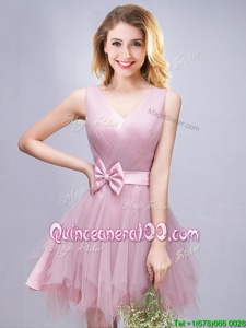 Pink A-line V-neck Sleeveless Tulle Mini Length Lace Up Ruffles and Ruching Quinceanera Dama Dress