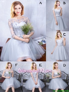 Latest Scoop Sleeveless Knee Length Lace and Appliques and Belt Lace Up Quinceanera Court of Honor Dress with Grey