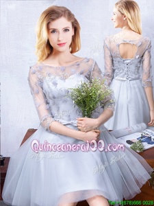 Gorgeous Grey Scoop Neckline Lace and Appliques and Belt Quinceanera Court Dresses Half Sleeves Lace Up
