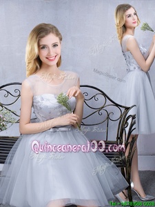 Glamorous Scoop Lace and Appliques and Belt Quinceanera Court of Honor Dress Grey Lace Up Sleeveless Knee Length