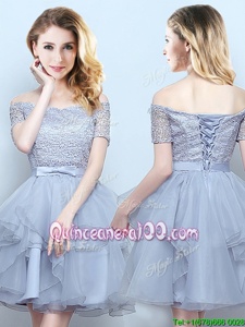 Romantic Mini Length Grey Quinceanera Dama Dress Off The Shoulder Short Sleeves Lace Up