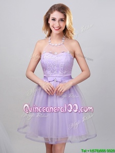 Glittering Lavender A-line Tulle Halter Top Sleeveless Lace and Appliques and Belt Mini Length Lace Up Court Dresses for Sweet 16