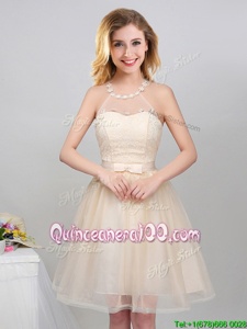 Beautiful Halter Top Sleeveless Lace Up Mini Length Lace and Appliques and Belt Dama Dress for Quinceanera