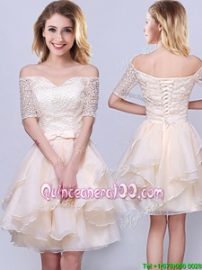 Designer Off the Shoulder Mini Length Champagne Court Dresses for Sweet 16 Organza Short Sleeves Spring and Summer and Fall Lace and Ruffles and Belt