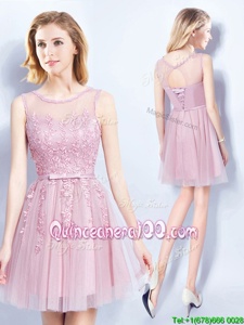 Customized Scoop Sleeveless Court Dresses for Sweet 16 Mini Length Appliques and Belt Pink Tulle