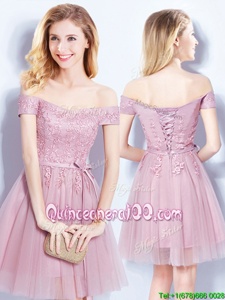 Graceful Pink Tulle Lace Up Off The Shoulder Sleeveless Mini Length Quinceanera Court of Honor Dress Appliques and Belt