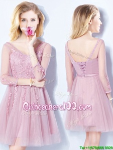 Simple Pink V-neck Lace Up Appliques and Belt Dama Dress Sleeveless