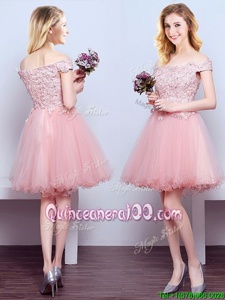 Stunning Pink A-line Off The Shoulder Sleeveless Tulle Mini Length Lace Up Beading and Lace Quinceanera Court Dresses