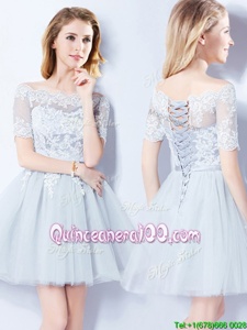 Hot Selling Off the Shoulder Spring and Summer and Fall Tulle Short Sleeves Mini Length Vestidos de Damas andLace